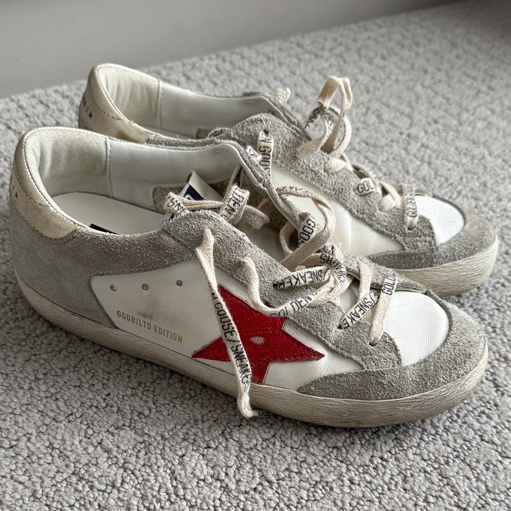 Golden Goose Gray and White Sneakers with Red Star